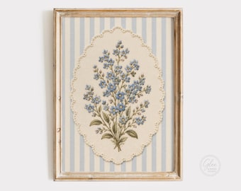 Faux Embroidery Forget Me Not Wall Art, Needlepoint Floral Print, Cottagecore Blue Stripe Decor