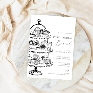 May include: Black and white invitation for a post-wedding brunch, featuring a tiered serving stand with illustrations of pastries, fruit, and drinks. The invitation includes the text "Post-Wedding Brunch" and event details.
