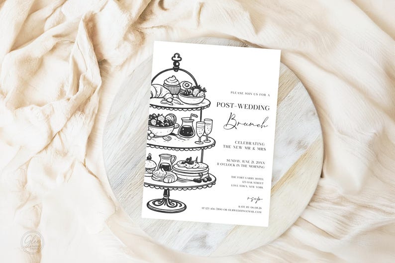 May include: Black and white invitation for a post-wedding brunch, featuring a tiered serving stand with illustrations of pastries, fruit, and drinks. The invitation includes the text "Post-Wedding Brunch" and event details.