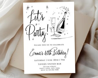 Retro Kitsch Birthday Cocktail Party Invitation, Editable Let’s Party Invite