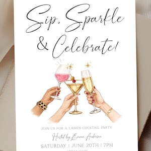 Op de afbeelding: Een witte uitnodigingskaart met de tekst Sip, Sparkle & Celebrate! en een illustratie van drie handen die een wijnglas, een martiniglas met olijf en een champagneglas vasthouden. Details over datum, tijd en locatie voor een cocktailparty.