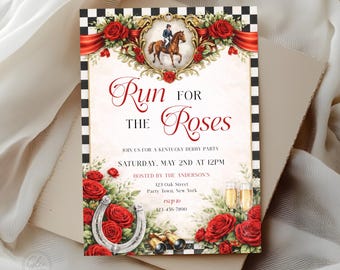 Puede incluir: Una tarjeta de invitación con temática del Derby de Kentucky. El diseño presenta un caballo y jinete, rosas rojas, una herradura y el texto "Run for the Roses". La tarjeta tiene un borde a cuadros blanco y negro e incluye detalles del evento.