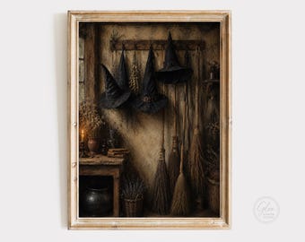 Vintage Witch Hats Wall Art, Rustic Halloween Cottagecore Print (Digital Download)