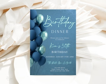 Plantilla de invitación a cena de cumpleaños azul / Invitación editable en Corjl