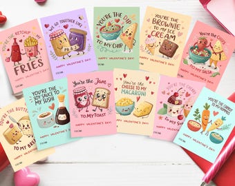 Può includere: Una collezione di biglietti di San Valentino con giochi di parole a tema cibo. Ogni biglietto presenta simpatiche illustrazioni di alimenti come patatine fritte, sushi e gelato, con frasi come "Sei il ketchup delle mie patatine" e "Buon San Valentino".