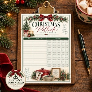 Könnte beinhalten: Ein Weihnachts-Potluck-Anmeldeformular auf einem hölzernen Klemmbrett. Das Papier zeigt eine rote Schleife, Tannenzweige und den Text Christmas Potluck Sign-Up Sheet, Bring a Dish, Share the Joy und Many Dishes Make a Merrier Christmas.