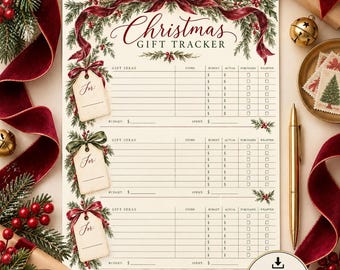 Peut inclure: Une feuille imprimable de suivi des cadeaux de Noël avec une bordure festive de branches de pin, de baies rouges et d'un ruban rouge foncé. Le document comprend des sections pour les idées de cadeaux, le magasin, le budget et le coût réel.