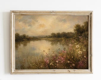 Vintage Floral Lake Landscape Print, Romantic Cottagecore Wall Art, Soft Impressionist Nature Painting