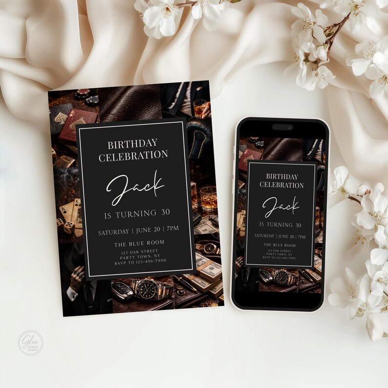 Gentleman’s Club Birthday Invitation Template | Dark Luxury Birthday ...