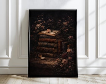 May include: A framed print featuring a stack of antique books with a rose on top. The artwork has a dark, romantic aesthetic, with roses and a pocket watch adding to the vintage feel. The color palette is dominated by deep browns and muted pinks.