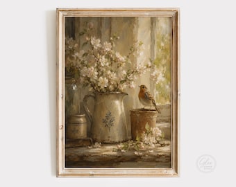Robin & Blossom Print, Cottage Farmhouse Bird Wall Art