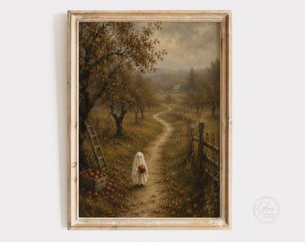 Cute Ghost Autumn Orchard Wall Art Print | Vintage Fall Landscape Painting | Whimsical Halloween Decor | Cottagecore Printable