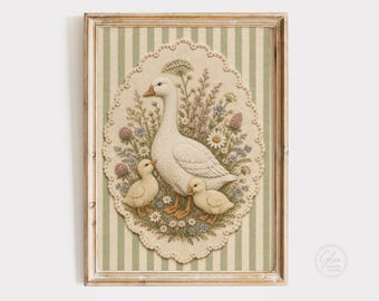 aux Embroidery Goose Wall Art, Goose Family Print, Cottagecore Nursery Decor, Vintage Farmhouse Art