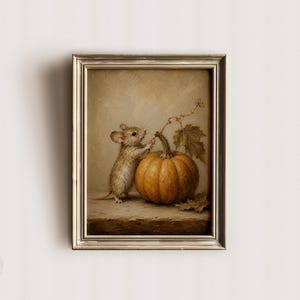 Impression d'art mural souris automne, peinture citrouille vintage, décoration de chambre d'enfant automne Cottagecore image 3