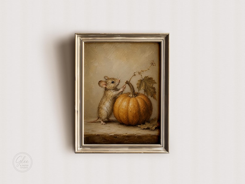 Impression d'art mural souris automne, peinture citrouille vintage, décoration de chambre d'enfant automne Cottagecore image 3