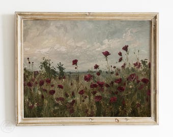 Burgundy Poppy Field Print, Moody Floral Landscape Art, Vintage Wildflower Meadow Painting