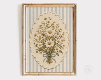 Faux Embroidery Daisy Bouquet Wall Art, Needlepoint Floral Print, Cottagecore Blue Stripe Decor