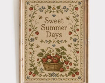 Sweet Summer Days Sampler Print, Strawberry Wall Art, Cottagecore Decor, Vintage Cross Stitch Art
