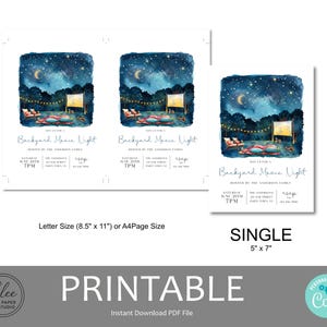 Op de afbeelding: Een printbaar uitnodigingssjabloon voor een filmavond in de achtertuin met een aquarelillustratie van een sterrenhemel, lichtsnoeren en zitplaatsen. De tekst bevat evenementdetails, datum, tijd en RSVP-informatie in A4- of 12,7 x 17,8 cm-formaat.