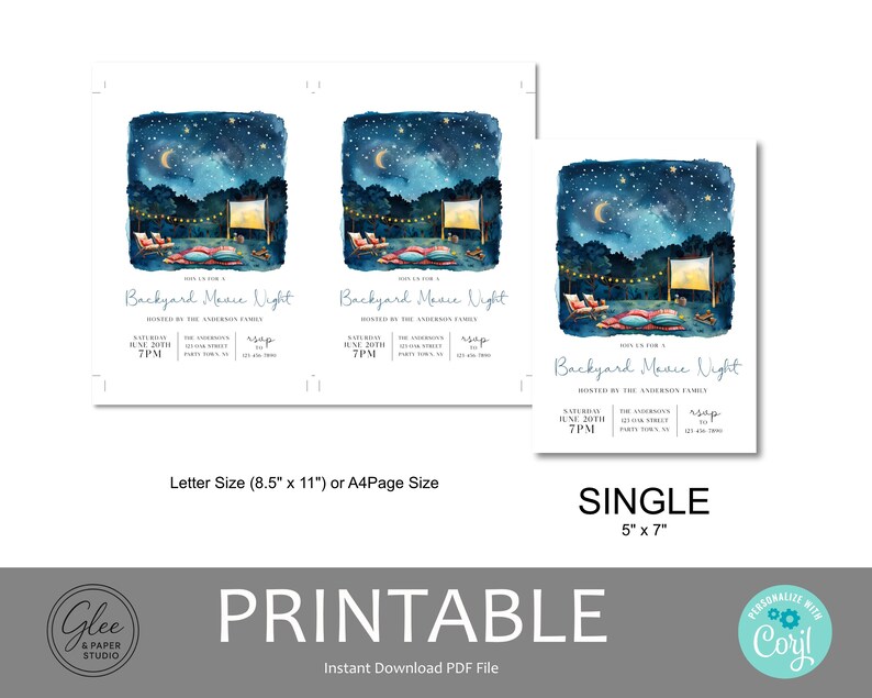 Op de afbeelding: Een printbaar uitnodigingssjabloon voor een filmavond in de achtertuin met een aquarelillustratie van een sterrenhemel, lichtsnoeren en zitplaatsen. De tekst bevat evenementdetails, datum, tijd en RSVP-informatie in A4- of 12,7 x 17,8 cm-formaat.