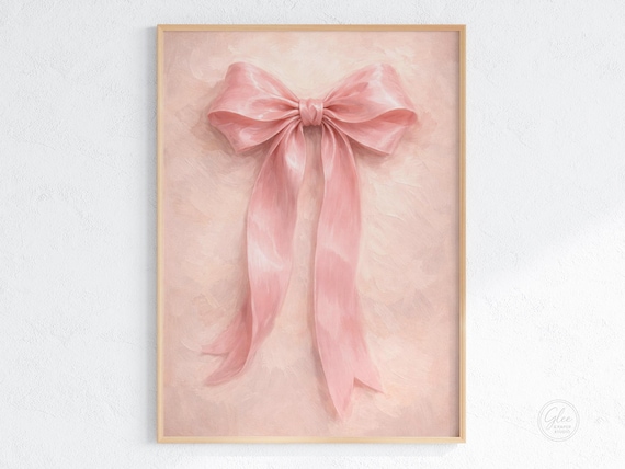 Pink Bow Art Print, Romantic Valentine Wall Art Digital Download, Soft Blush Ribbon Illustration, Cottage Printable Wall Decor