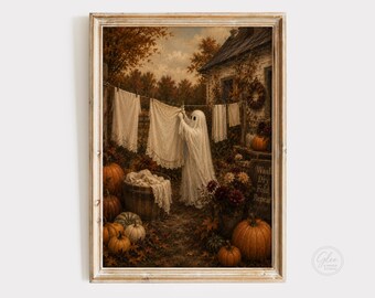 Ghost Laundry Day Wall Art Print, Halloween Farmhouse Decor, Cottagecore Ghost Artwork, Autumn Pumpkin Printable