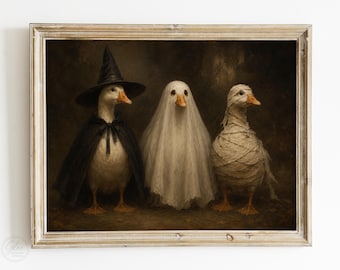 Vintage Halloween Goose Art Print | Witch Ghost Mummy Wall Art