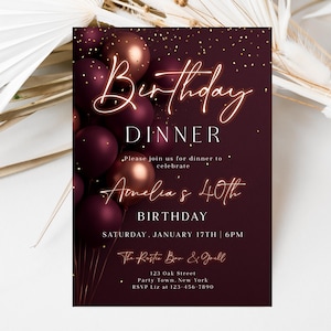 Burgundy Rose Gold Birthday Invitation • Glam Party Invite • Editable Corjl Template