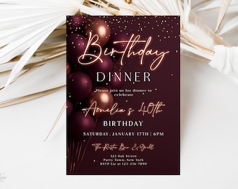 Burgundy Rose Gold Birthday Invitation • Glam Party Invite • Editable Corjl Template