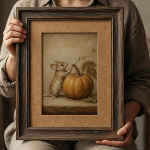 Peut inclure: Une &oelig;uvre d'art murale rectangulaire encadr&eacute;e repr&eacute;sentant une peinture d'une petite souris brune &agrave; c&ocirc;t&eacute; d'une citrouille orange ronde avec une tige et une feuille vertes. L'&oelig;uvre est dans un cadre en bois brun fonc&eacute; avec un passe-partout beige.