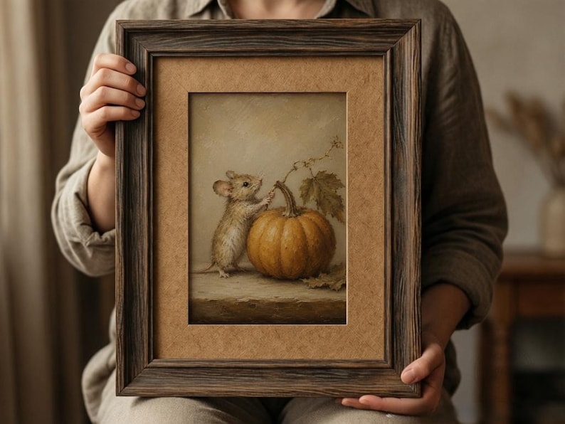 Peut inclure: Une &oelig;uvre d'art murale rectangulaire encadr&eacute;e repr&eacute;sentant une peinture d'une petite souris brune &agrave; c&ocirc;t&eacute; d'une citrouille orange ronde avec une tige et une feuille vertes. L'&oelig;uvre est dans un cadre en bois brun fonc&eacute; avec un passe-partout beige.