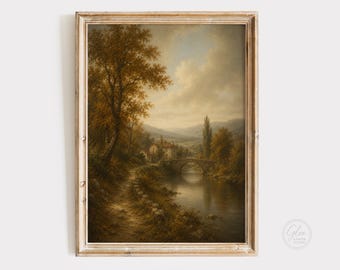 Vintage Autumn Landscape Wall Art Print, European Countryside Painting, Antique Fall Scenery, Printable Digital Download