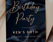 Navy Gold Birthday Invitation, Elegant Mens Party Evite (Editable in Corjl, Digital Download