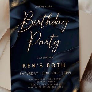 Navy Gold Birthday Invitation, Elegant Mens Party Evite (Editable in Corjl, Digital Download