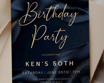 Navy Gold Birthday Invitation, Elegant Mens Party Evite (Editable in Corjl, Digital Download