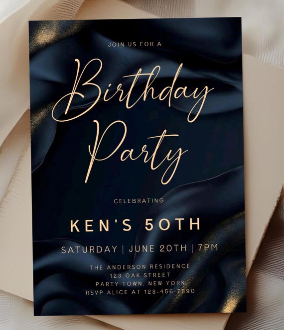 Navy Gold Birthday Invitation, Elegant Mens Party Evite (Editable in Corjl, Digital Download