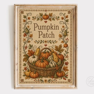 Vintage-Kreuzstichmuster mit Kürbismotiv, Herbstliche Landhausdeko (Digitaler Download)