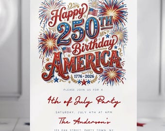 Editable America 250th Anniversary Invitation Template, 4th of July Party Invitation, USA Patriotic Red White Blue BBQ Invite