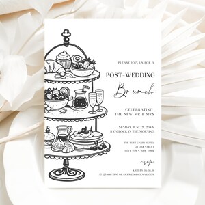May include: A black and white invitation for a post-wedding brunch. The invitation features a three-tiered serving stand with illustrations of food items like croissants, fruit, and pastries. The text reads "Post-Wedding Brunch" and includes event details.