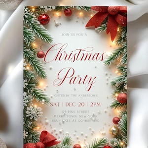 Elegante invito per la festa di Natale: fiocco rosso e pino (PDF)