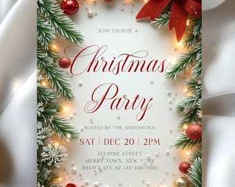 Elegant Christmas Party Invitation: Red Bow, Pine (PDF)