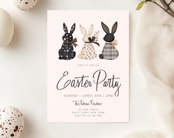 Neutral Bunny Easter Invitation Template | Plaid Floral Spring Party Invite (Digital Download)