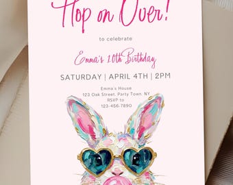 Editable Bunny Birthday Invitation, Girl Bunny Pink Party Invite