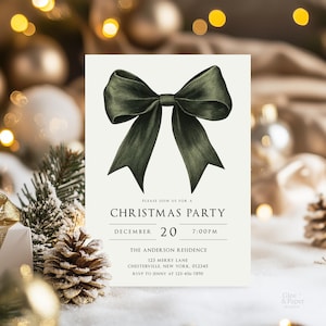 May include: A Christmas party invitation with a large, detailed green bow illustration at the top. The text reads "Christmas Party" with the date December 20 and time 7:00 PM. The invitation includes the address and RSVP information.