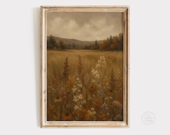 Autumn Meadow Wall Art Print, Vintage Wildflower Landscape Painting, Neutral Fall Decor