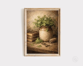 Vintage Shamrock Still Life Art Print, Irish Cottage Decor (Digital Download)