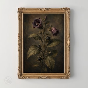 May include: A framed wall art print featuring a dark, moody botanical illustration of a plant with deep purple bell-shaped flowers, green serrated leaves, and small dark berries, encased in an ornate, antique-style gold-colored frame.