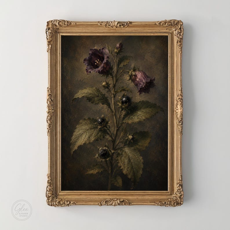 May include: A framed wall art print featuring a dark, moody botanical illustration of a plant with deep purple bell-shaped flowers, green serrated leaves, and small dark berries, encased in an ornate, antique-style gold-colored frame.