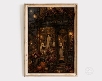 Haunted Bookshop Print, Vintage Halloween Ghost Wall Art