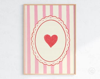 Vintage Heart Print, Cameo Style Frame, Pink Stripes (Digital Download)